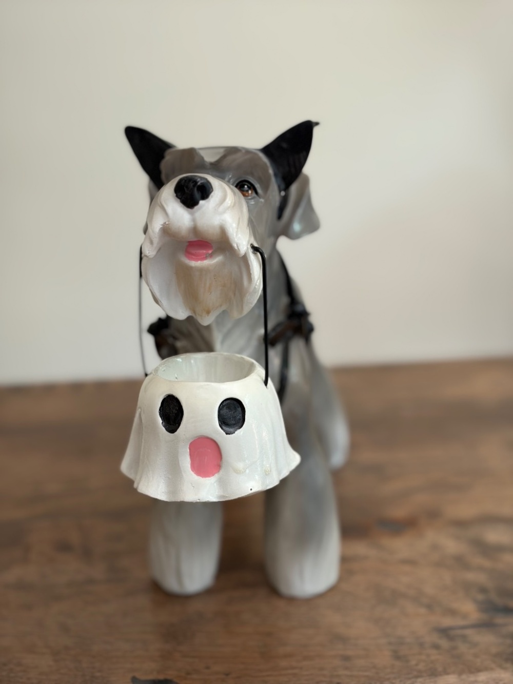 Halloween Schnauzer Dog Holding Ghost Bucket in Bat Costume Decor Figure - Picture 4 of 7